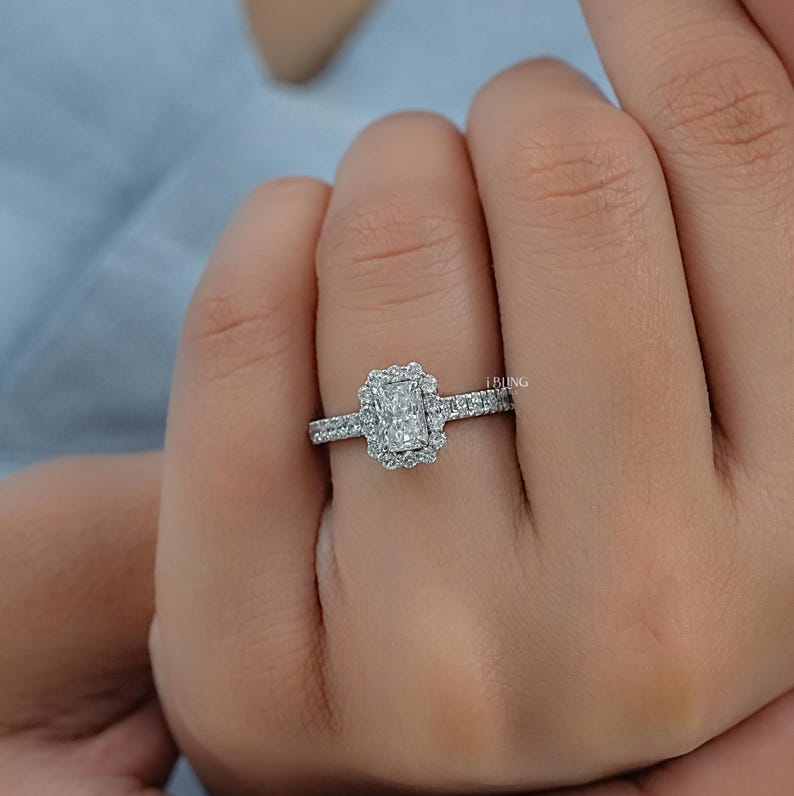Radiant Cut Eco-Friendly Diamond Engagement Ring CVD Diamond Halo Accent Ring EF-VS Lab-Grown Diamond Wedding Ring Bridal Ring For Her
