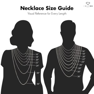May include: A necklace size guide with a visual reference for every length. The image shows silhouettes of a person and a woman wearing necklaces of varying lengths, from 16 inches to 36 inches.