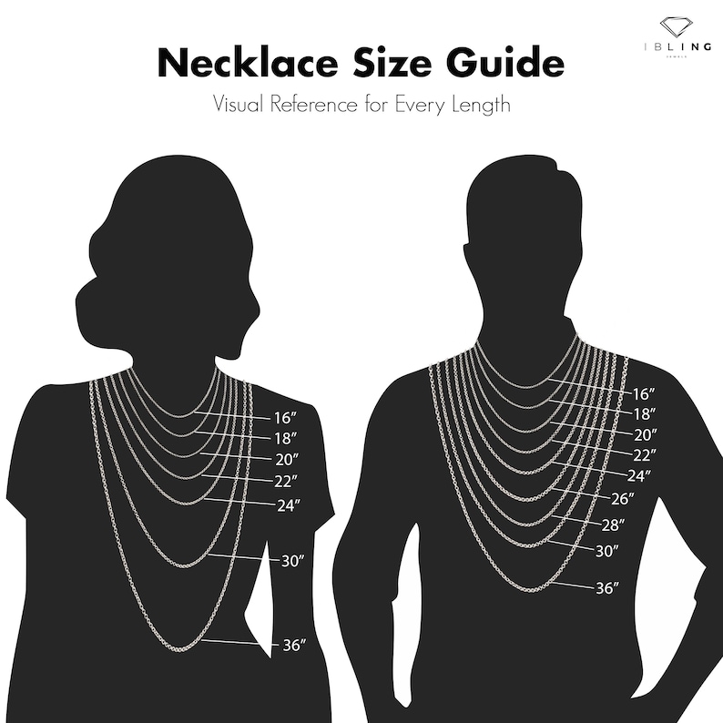 May include: A necklace size guide with a visual reference for every length. The image shows silhouettes of a person and a woman wearing necklaces of varying lengths, from 16 inches to 36 inches.