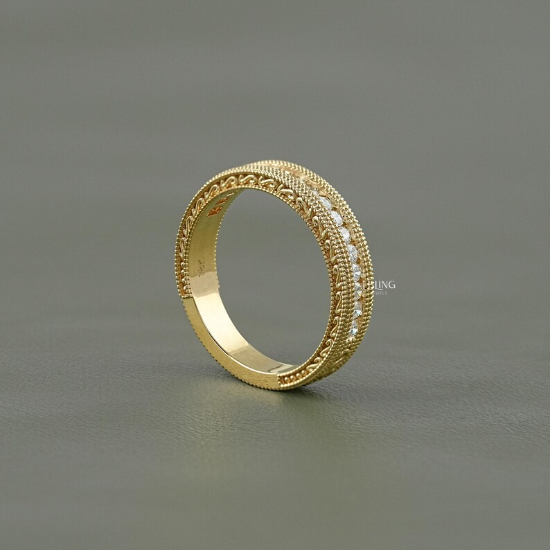 Round Cut Conflict Free Diamond Unisex Wedding Band/ Milgrain Set Half Eternity Band/ Lab Diamond Stackable Engagement Band/ Gift For Him