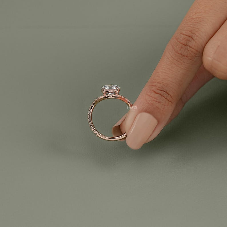 Round Cut Lab Diamond Engagement Ring/ CVD Diamond Solitaire With Accent Ring/ Eco Friendly Diamond Bridal Ring/ Anniversary Ring For Wife
