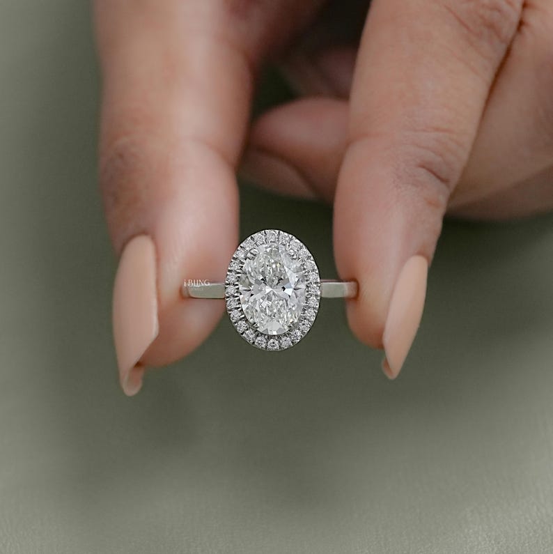 Oval Cut CVD Diamond Anniversary Ring / Conflict Free Diamond Halo Engagement Ring / Hand Made Diamond Customized Wedding Ring For Her