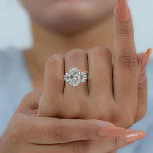 Oval Cut Lab Grown Diamond Split Shank Engagement Ring / Marquise Cut Side Diamond Prong Set Wedding Jewelry / Personalized Gift For Her