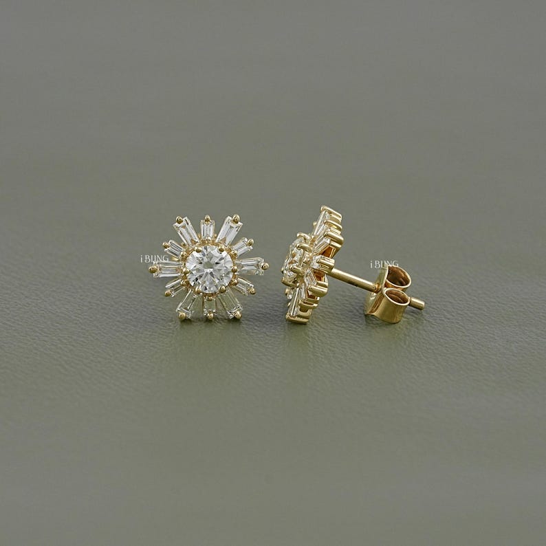 Round Cut Lab Diamond Cluster Stud Earrings/ Tapered Baguette CVD Diamond Sunburst Earrings/ 14K Solid Gold Push Back Earrings/ Gift For Mom