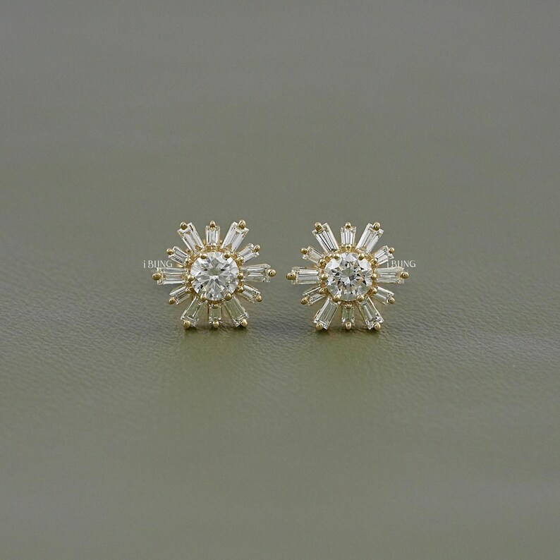 Round Cut Lab Diamond Cluster Stud Earrings/ Tapered Baguette CVD Diamond Sunburst Earrings/ 14K Solid Gold Push Back Earrings/ Gift For Mom