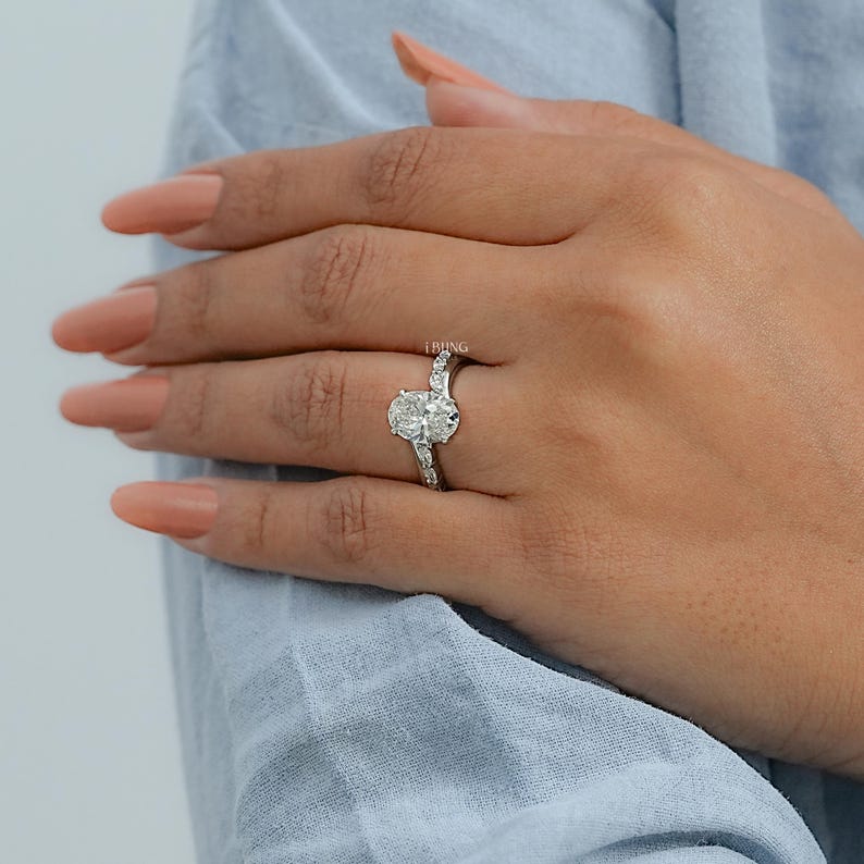 2 CT Oval Cut Lab Grown Diamond Solitaire Engagement Ring / Marquise Cut Conflict Free Diamond Prong Set Bypass Ring / Wedding Gift For Her