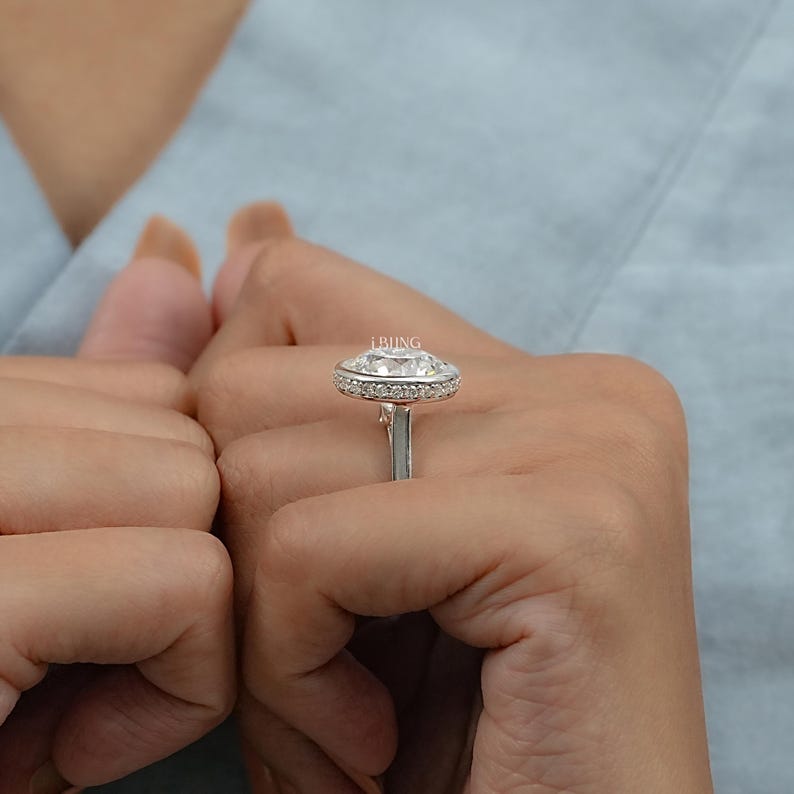 Round Cut Lab Grown Diamond Bezel Engagement Ring / IGI Certified Man Made Diamond Hidden Halo 14K Gold Ring / Birthday Gift For Her