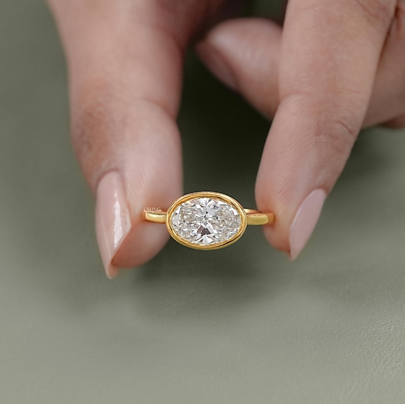Oval Cut Eco-Friendly Diamond Bezel Set Ring / East-West Set Solitaire Engagement Ring / Conflict Free Diamond Anniversary Ring For Wife