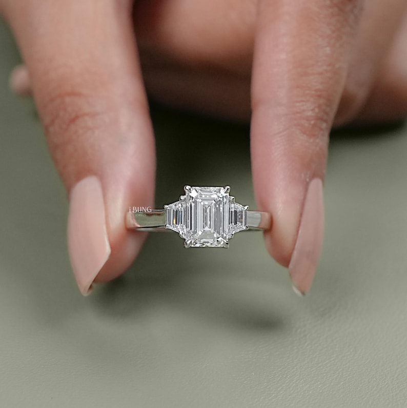 Emerald Cut Lab Diamond Three Stone Ring Step Cut Trapezoid Bridal Ring For Wedding Solid Gold Trilogy Ring Conflict Free Diamond Ring