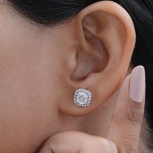 CVD Diamond Cushion Stud Earrings  Halo Lab Grown Diamond Women's Earrings  14K White Gold Screw Back Lab Made Diamond Bridal Earrings