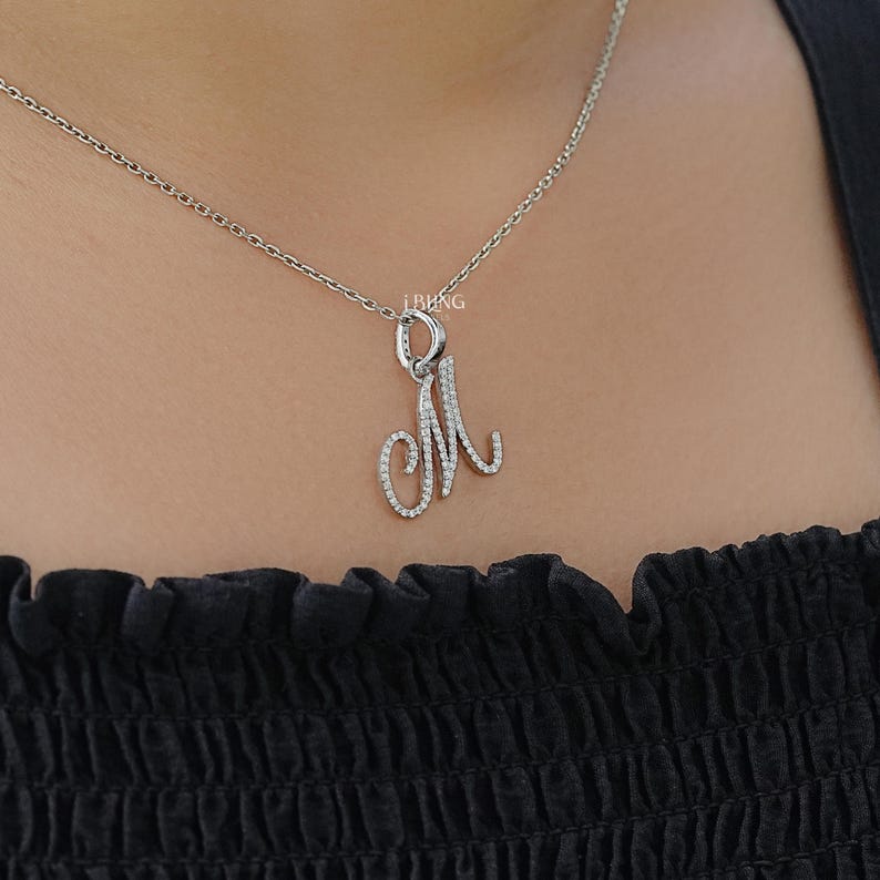 Round Cut Lab Grown Diamond Wedding Pendant / 14K Solid Gold M Letter CVD Diamond Pendant / Eco Friendly Diamond Anniversary Pendant For Her