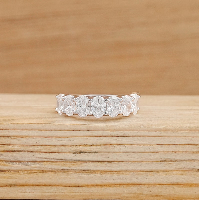 Oval-Cut Lab Grown Diamond Wedding Band / 10K White Gold Seven Stone Stackable Band / Man-Made Diamond Matching Band / Proposal Band For Her