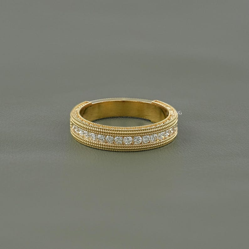 Round Cut Conflict Free Diamond Unisex Wedding Band/ Milgrain Set Half Eternity Band/ Lab Diamond Stackable Engagement Band/ Gift For Him