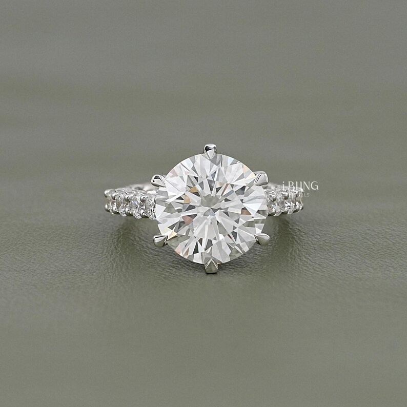 Round Cut Lab Diamond Solitaire Accent Engagement Ring / 8 CT Man Made Diamond Pave Set Wedding Ring / Statement Ring For Anniversary Gift