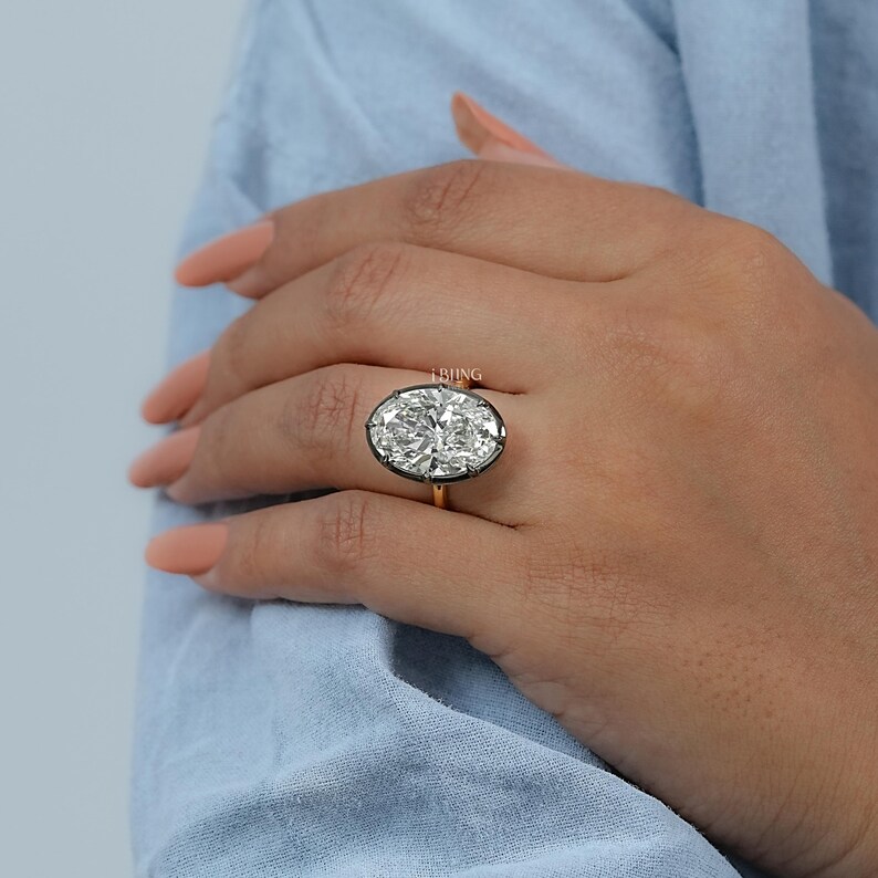 Oval Cut Man Made Diamond Solitaire Engagement Ring / 9 CT IGI Certified Diamond Prong Set Wedding Ring / Two Tone Ring For Anniversary Gift
