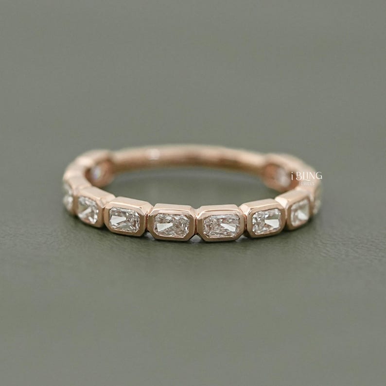 Radiant Cut Lab Diamond East West Eternity Band / 14K Solid Gold Bezel Set Wedding Band / Conflict Free Diamond 3/4 Th Anniversary Band