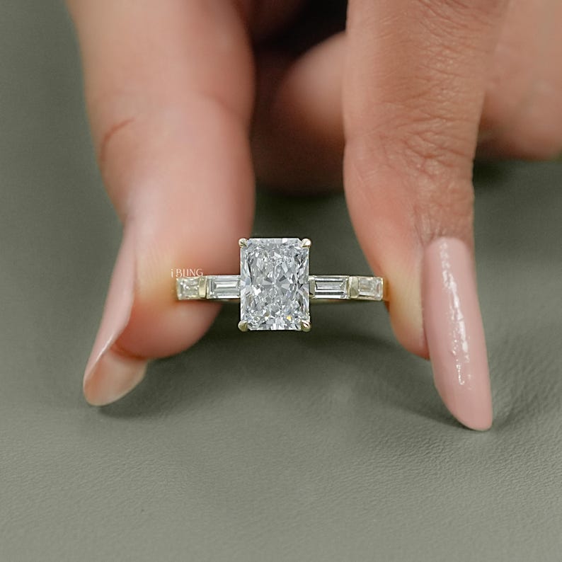 Radiant Cut Lab Diamond Engagement Ring/ Baguette Cut CVD Diamond Wedding Ring/Eco-Friendly Diamond Solitaire With Accent Ring/ Bridal Gift