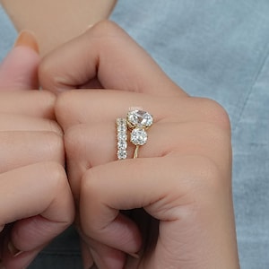 Old Mine Cushion Lab Diamond Bridal Ring Set/ CVD Diamond Matching Eternity Band/ Man Made Diamond Three Stone Ring/ Custom Ring Set For Her