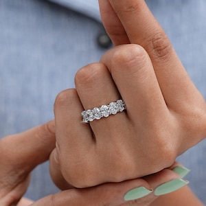 Oval-Cut Lab Grown Diamond Wedding Band / 10K White Gold Seven Stone Stackable Band / Man-Made Diamond Matching Band / Proposal Band For Her
