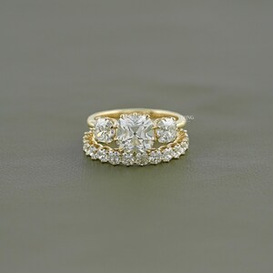Old Mine Cushion Lab Diamond Bridal Ring Set/ CVD Diamond Matching Eternity Band/ Man Made Diamond Three Stone Ring/ Custom Ring Set For Her