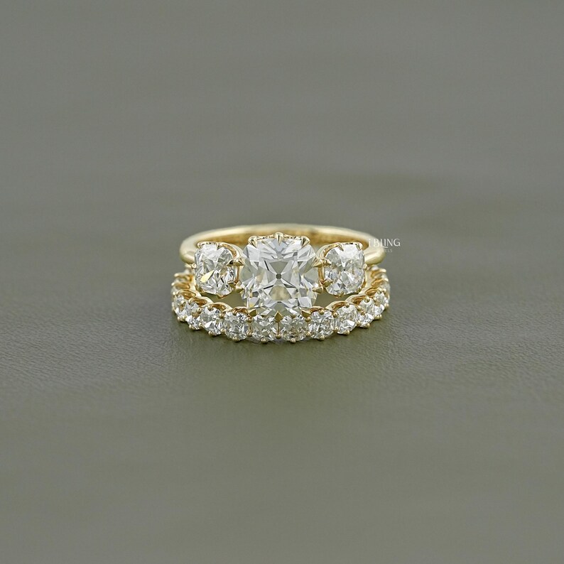 Old Mine Cushion Lab Diamond Bridal Ring Set/ CVD Diamond Matching Eternity Band/ Man Made Diamond Three Stone Ring/ Custom Ring Set For Her