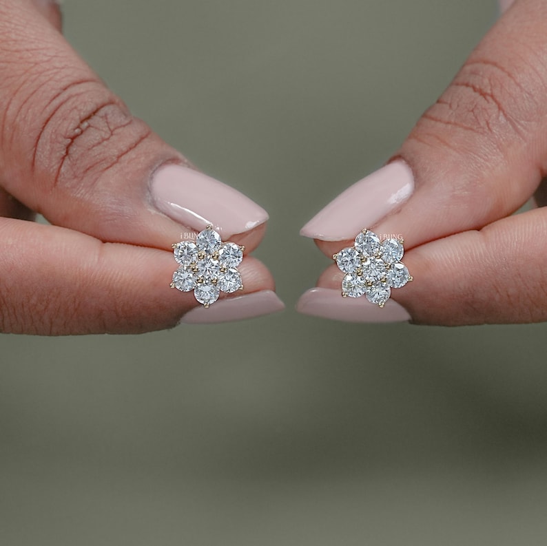 Round Lab Grown Diamond Floral Stud Earrings  14K Solid Gold Diamond Screw Back Earrings  Conflict Free Diamond Halo Stud Earrings