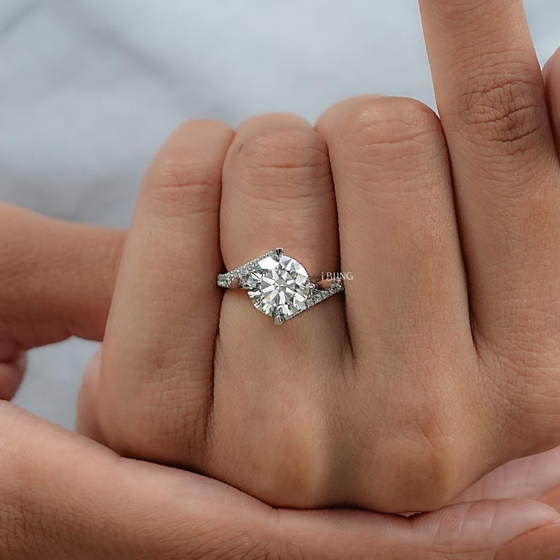Round Cut Lab Grown Diamond Bypass Wedding Ring / Half Eternity Round Diamond Solitaire Accent Engagement Ring / Anniversary Gift For Her