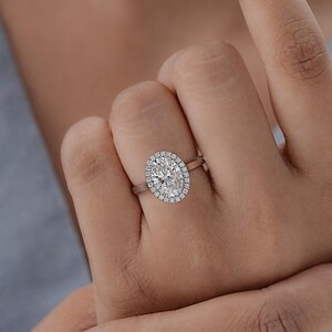 Oval Cut CVD Diamond Anniversary Ring / Conflict Free Diamond Halo Engagement Ring / Hand Made Diamond Customized Wedding Ring For Her