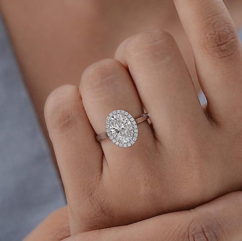 Oval Cut CVD Diamond Anniversary Ring / Conflict Free Diamond Halo Engagement Ring / Hand Made Diamond Customized Wedding Ring For Her