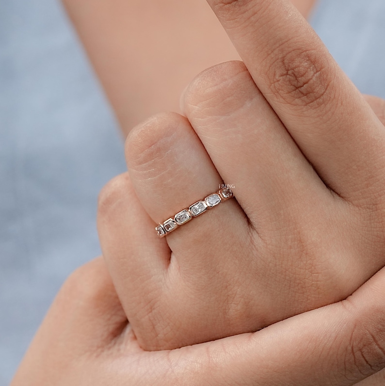 Radiant Cut Lab Diamond East West Eternity Band / 14K Solid Gold Bezel Set Wedding Band / Conflict Free Diamond 3/4 Th Anniversary Band