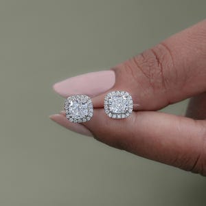 CVD Diamond Cushion Stud Earrings  Halo Lab Grown Diamond Women's Earrings  14K White Gold Screw Back Lab Made Diamond Bridal Earrings