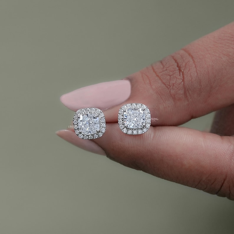 CVD Diamond Cushion Stud Earrings  Halo Lab Grown Diamond Women's Earrings  14K White Gold Screw Back Lab Made Diamond Bridal Earrings