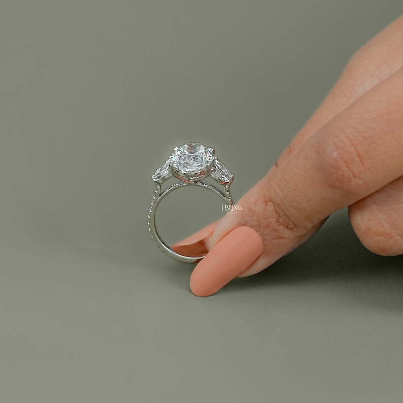Oval Cut Lab Grown Diamond Split Shank Engagement Ring / Marquise Cut Side Diamond Prong Set Wedding Jewelry / Personalized Gift For Her