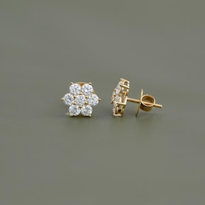 Round Lab Grown Diamond Floral Stud Earrings  14K Solid Gold Diamond Screw Back Earrings  Conflict Free Diamond Halo Stud Earrings