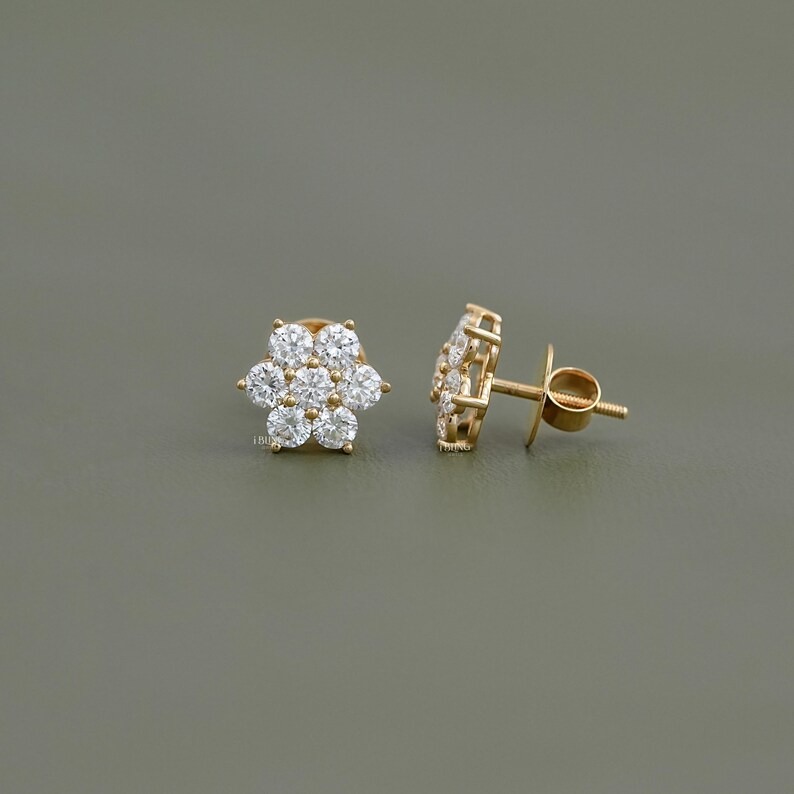 Round Lab Grown Diamond Floral Stud Earrings  14K Solid Gold Diamond Screw Back Earrings  Conflict Free Diamond Halo Stud Earrings