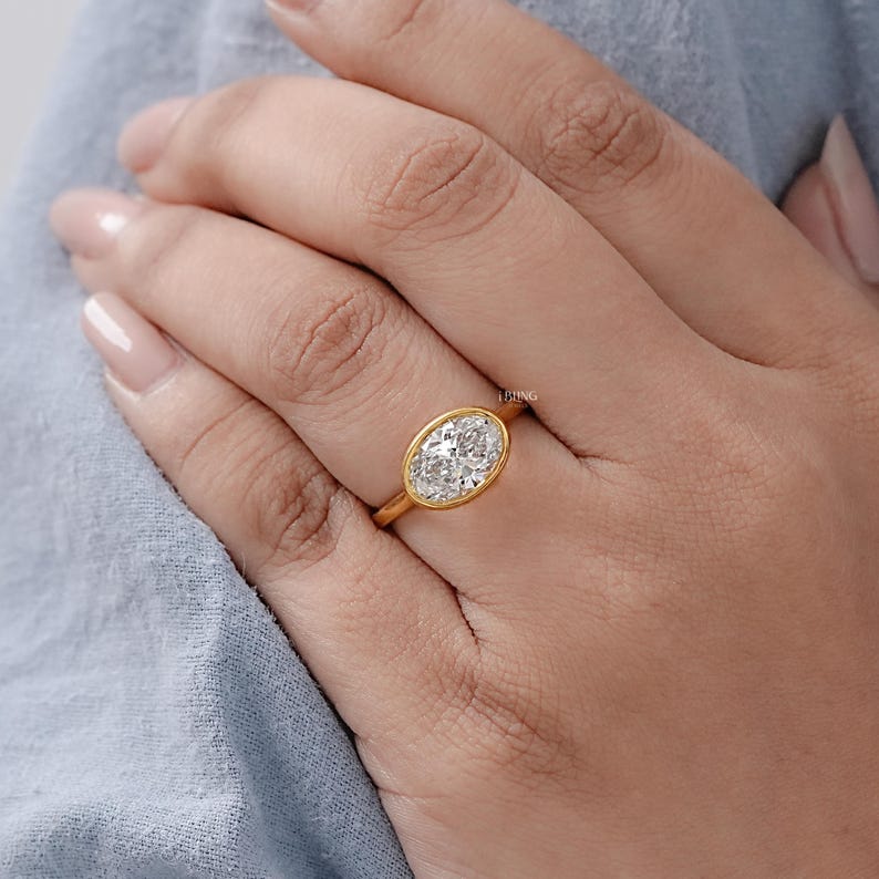 Oval Cut Eco-Friendly Diamond Bezel Set Ring / East-West Set Solitaire Engagement Ring / Conflict Free Diamond Anniversary Ring For Wife