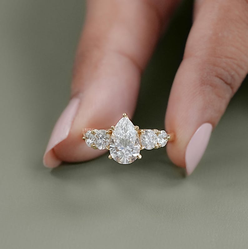 1.50 CT Pear Cut CVD Diamond Anniversary Ring / Side Diamond Round Cut Five Stone Engagement Ring / Conflict Free Diamond Proposal Ring