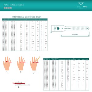 May include: Ring sizer chart with an international conversion chart. Includes a ring sizer tool with measurements in inches (3.5 inches) and a diagram showing how to measure finger size. The chart provides conversions for various international ring sizes.
