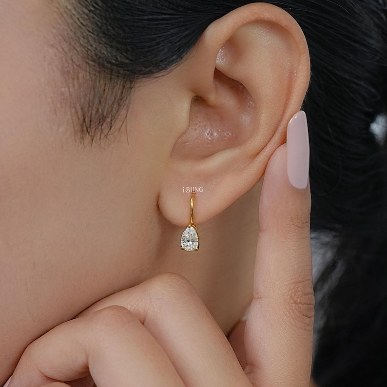 Pear Cut Lab Grown Diamond Hoop Earrings / EF- VS Clarity Conflict Free Diamond Lever Back Solitaire Gold Earrings / Bridal Gift For Her
