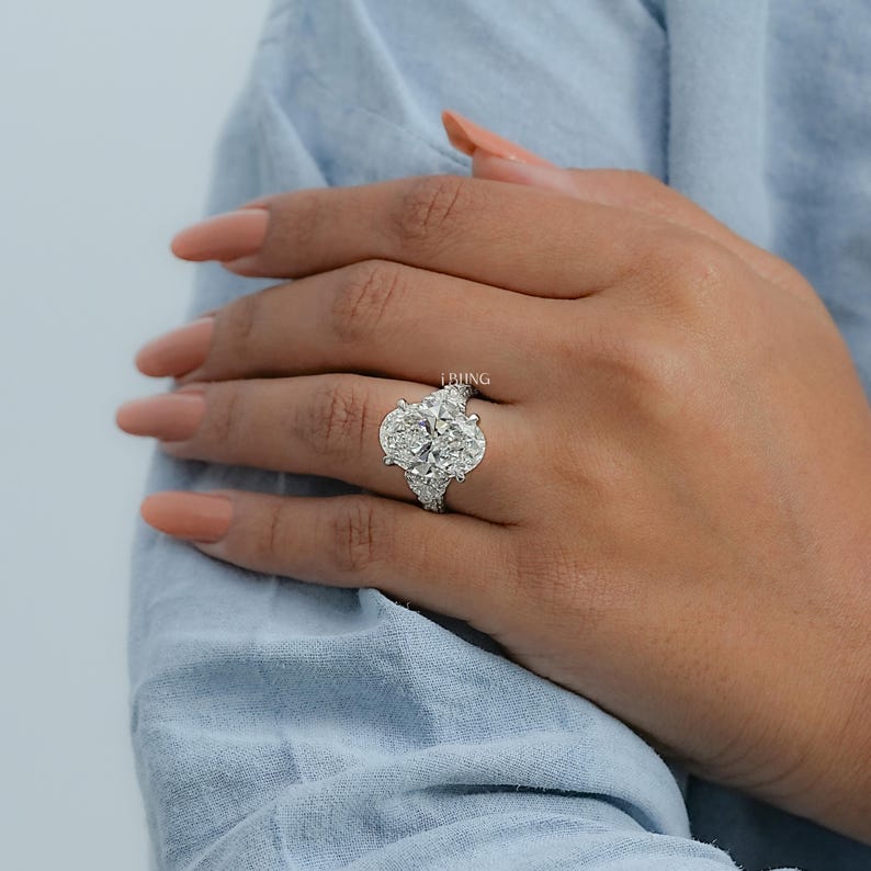 8.00 CT Oval Cut Lab Grown Diamond Trilogy Engagement Ring / IGI Certified Heart Cut Side Diamond Statement Ring / Anniversary Gift For Her