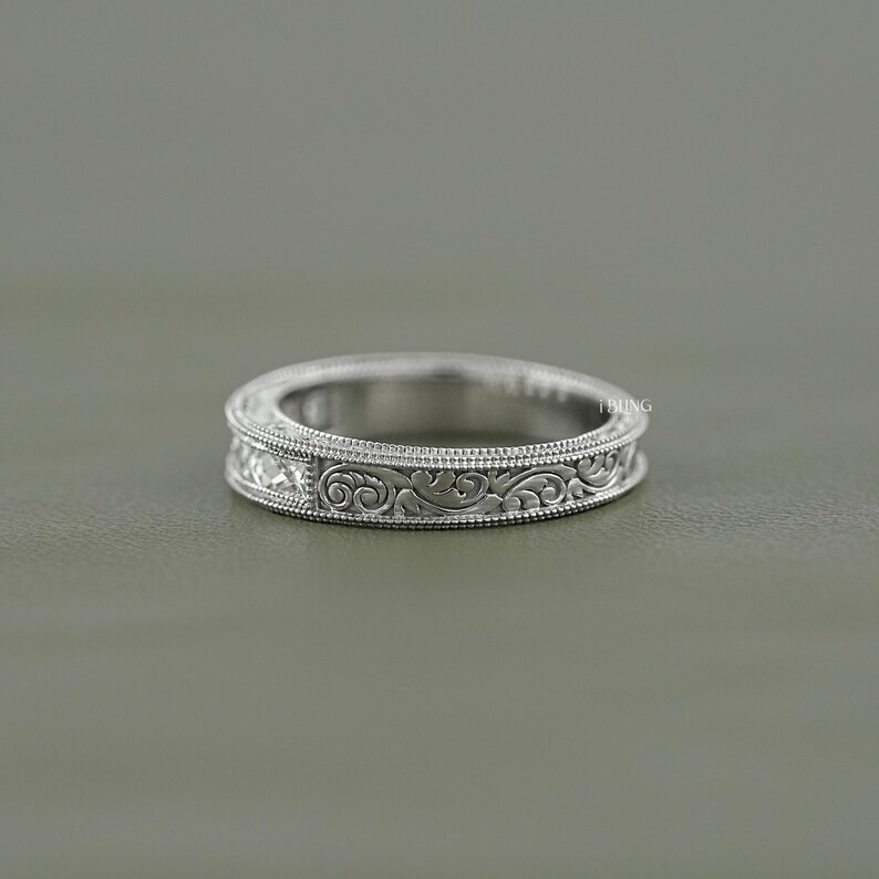 French Cut Baguette Lab Grown Diamond Unisex Wedding Band/ CVD Diamond Milgrain Set Band/ Filigree Set Diamond Engagement Band/ Gift For Him