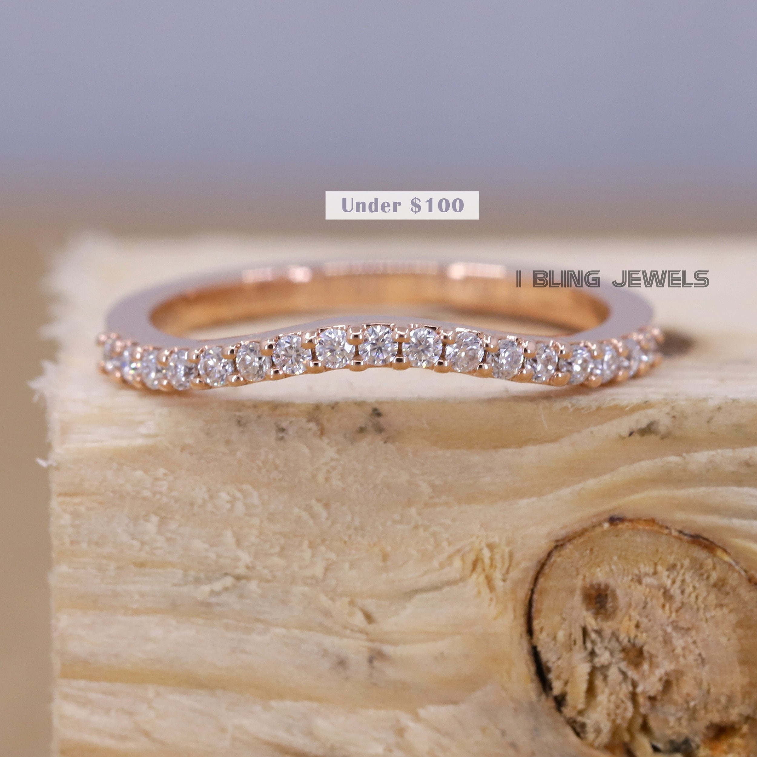 Moissanite Curved Wedding Band / Round Moissanite Half Eternity Band / 10KT Rose Gold Chevron Promise Band / Delicate Band Gift For Her