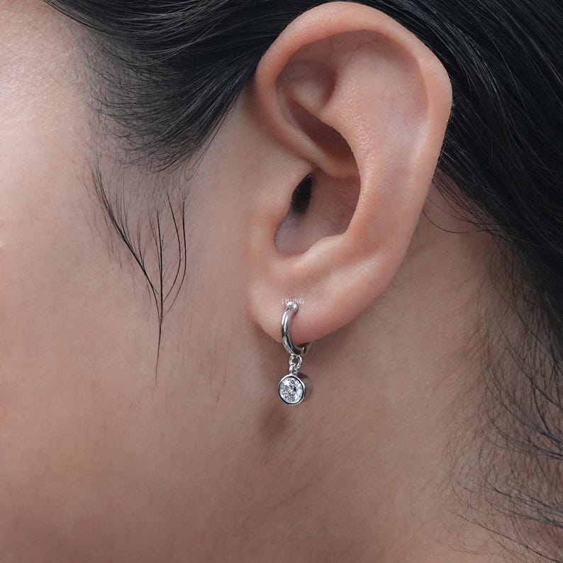 Round Cut Lab Diamond Hoop Earrings  Bezel Set CVD Diamond Dangle Earrings  Solid Gold Women's Earrings  Huggie Hoop Earrings For Her
