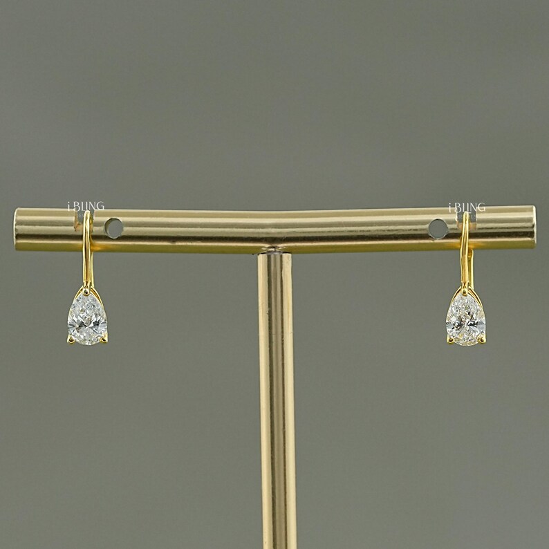 Pear Cut Lab Grown Diamond Hoop Earrings / EF- VS Clarity Conflict Free Diamond Lever Back Solitaire Gold Earrings / Bridal Gift For Her