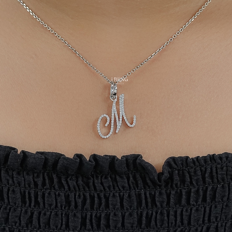 Round Cut Lab Grown Diamond Wedding Pendant / 14K Solid Gold M Letter CVD Diamond Pendant / Eco Friendly Diamond Anniversary Pendant For Her
