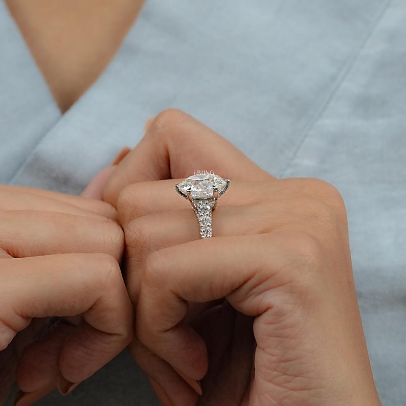 Round Cut Lab Diamond Solitaire Accent Engagement Ring / 8 CT Man Made Diamond Pave Set Wedding Ring / Statement Ring For Anniversary Gift