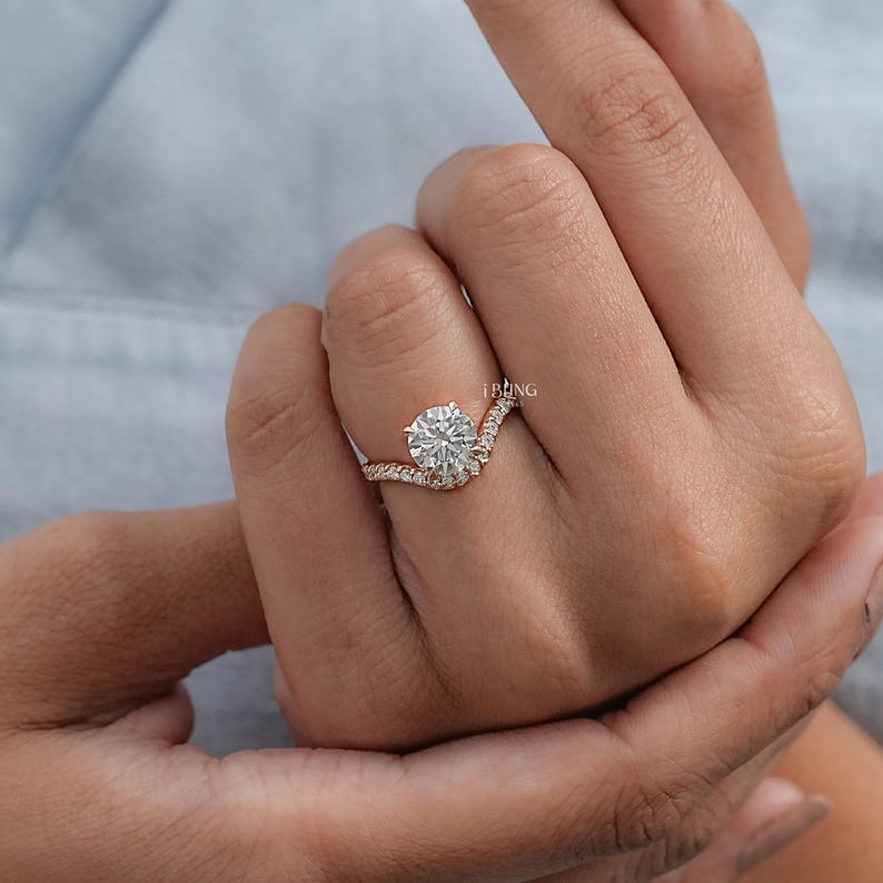 Round Cut Lab Diamond Engagement Ring/ CVD Diamond Solitaire With Accent Ring/ Eco Friendly Diamond Bridal Ring/ Anniversary Ring For Wife