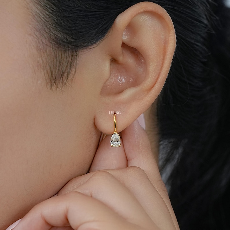 Pear Cut Lab Grown Diamond Hoop Earrings / EF- VS Clarity Conflict Free Diamond Lever Back Solitaire Gold Earrings / Bridal Gift For Her