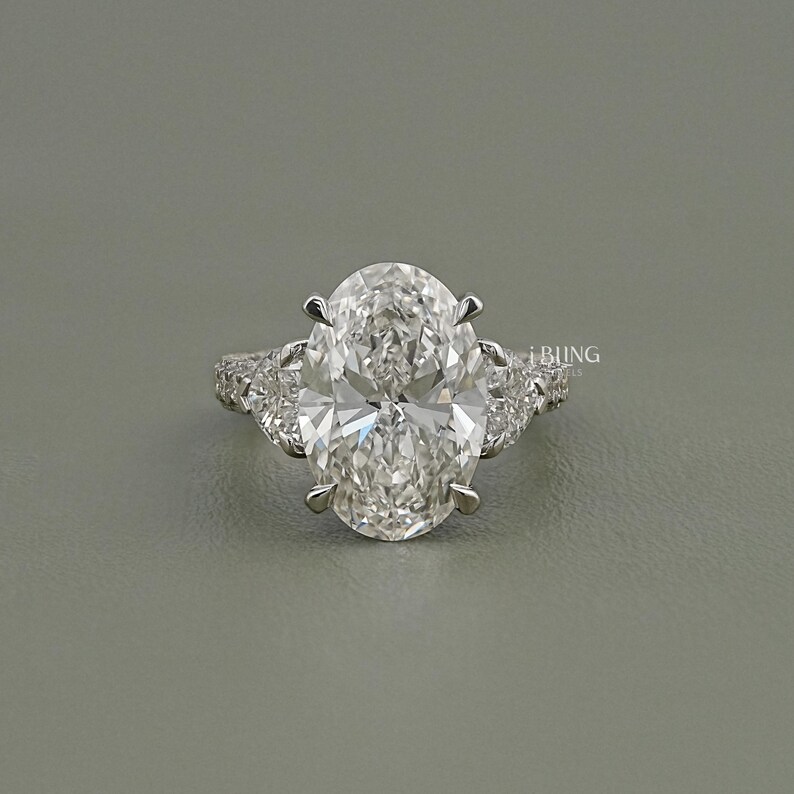 8.00 CT Oval Cut Lab Grown Diamond Trilogy Engagement Ring / IGI Certified Heart Cut Side Diamond Statement Ring / Anniversary Gift For Her
