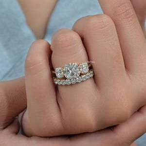 Old Mine Cushion Lab Diamond Bridal Ring Set/ CVD Diamond Matching Eternity Band/ Man Made Diamond Three Stone Ring/ Custom Ring Set For Her